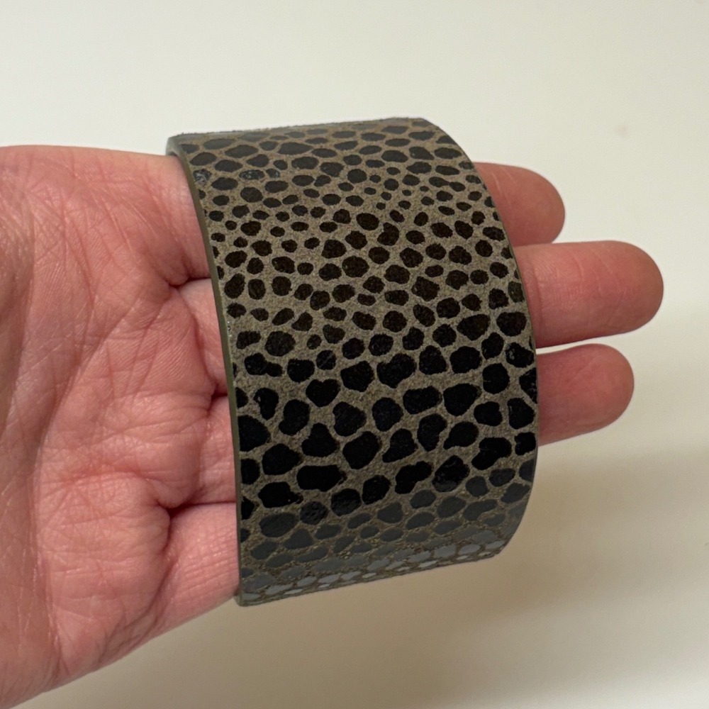 Handmade Olive Green Leather Animal Print Wide Cuff Bracelet
